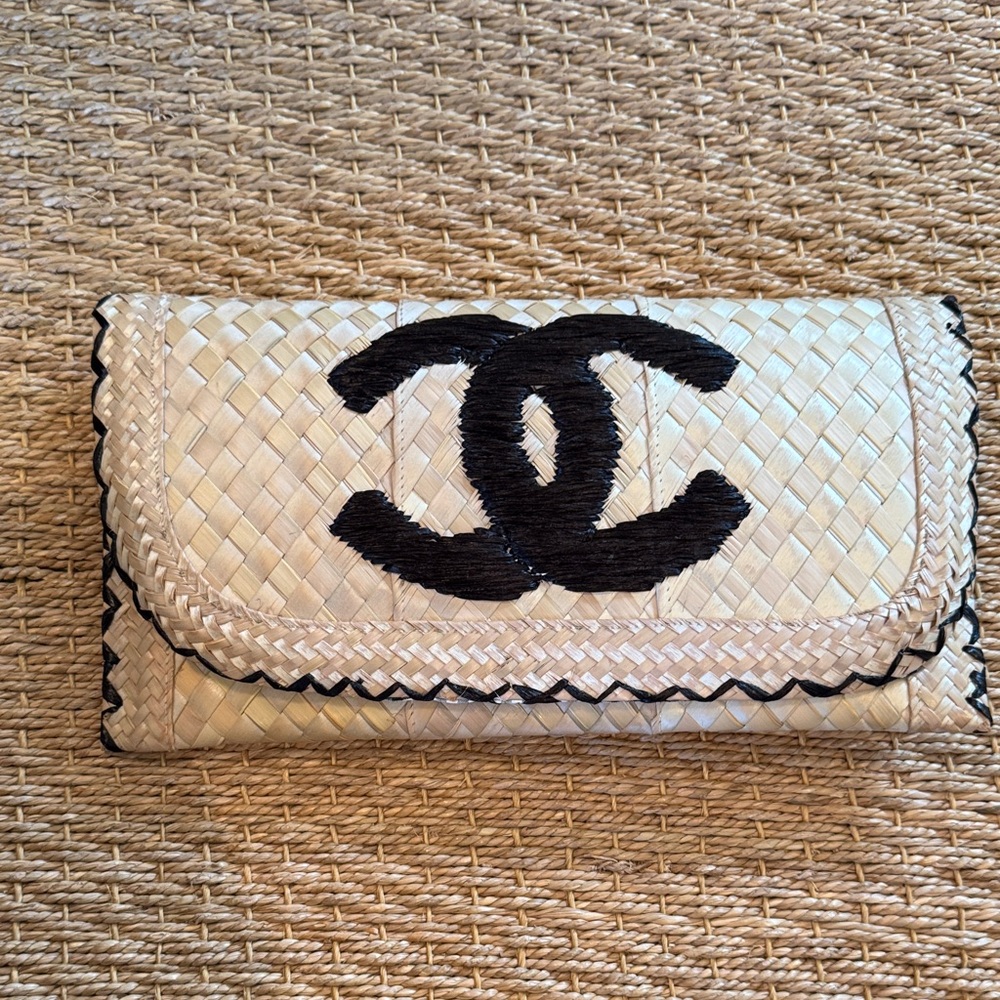 Woven Straw and Black Clutch